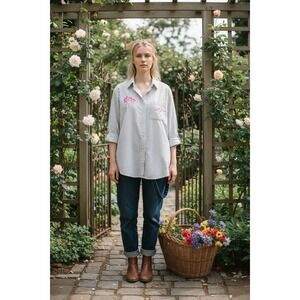 Vintage Las Olas‎ Women's XL Striped Button Down Shirt Pink Flamingo Embroidered